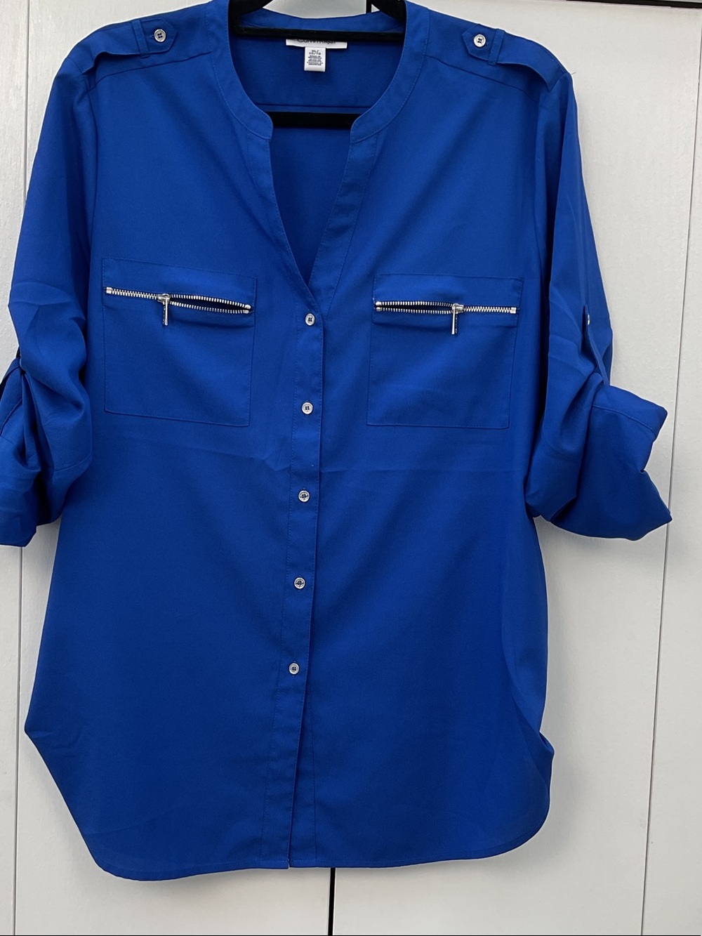 Calvin Klein Royal Blue Button-Down Shirt with Zipper Pockets